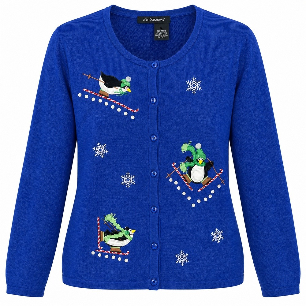Vintage K.B. Collections Ugly Christmas Cardigan Womens Large Penguin Ski Winter